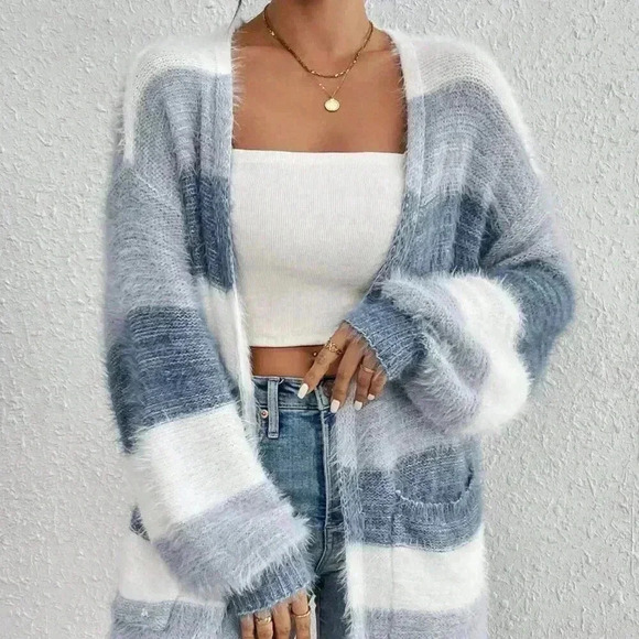 Multicolor Casual Women's Drop Shoulder Open Front Fluffy Knit Duster Cardigan - Picture 2 of 5